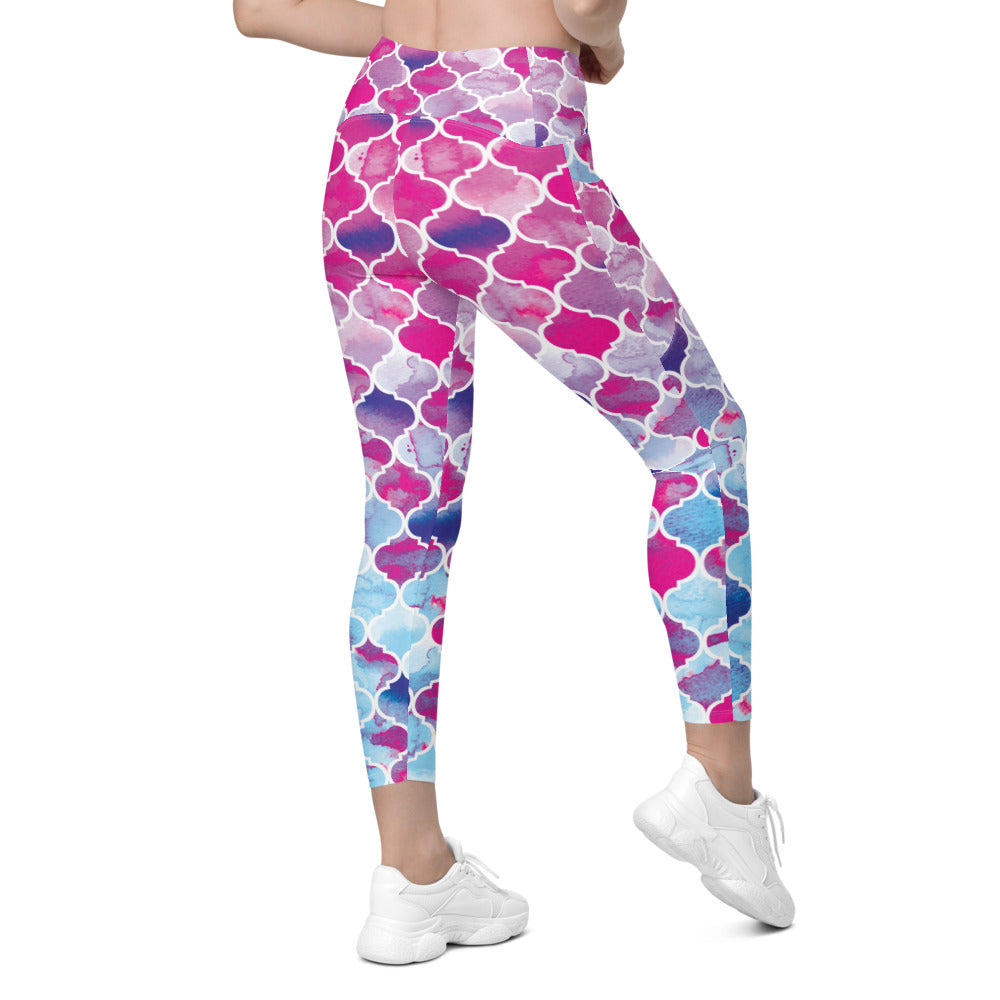 Pink & Blue Arabic Pattern Leggings with Pockets | Gearbunch.com