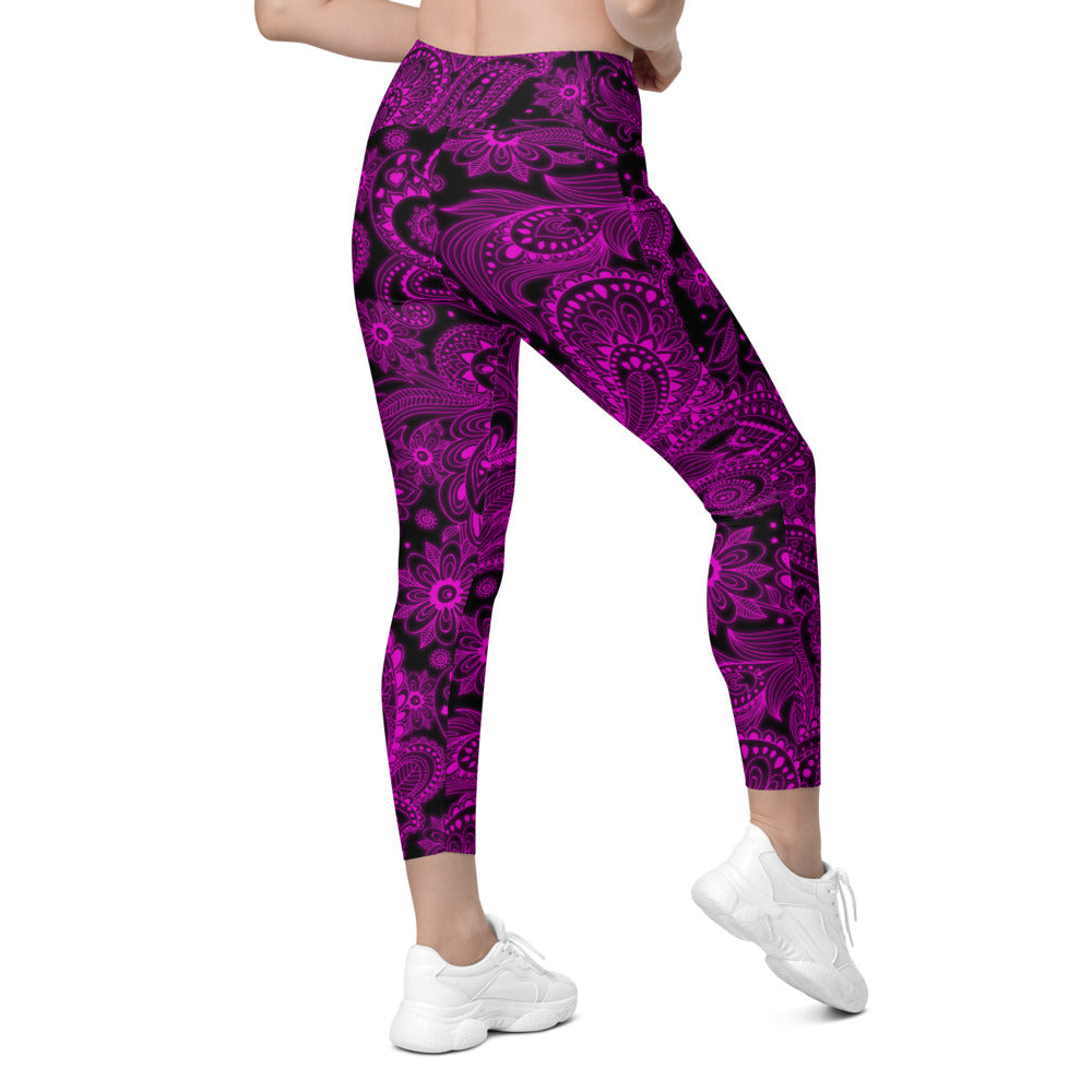 Womens Pink Glowing Floral Leggings with Pockets Black | Gearbunch.com