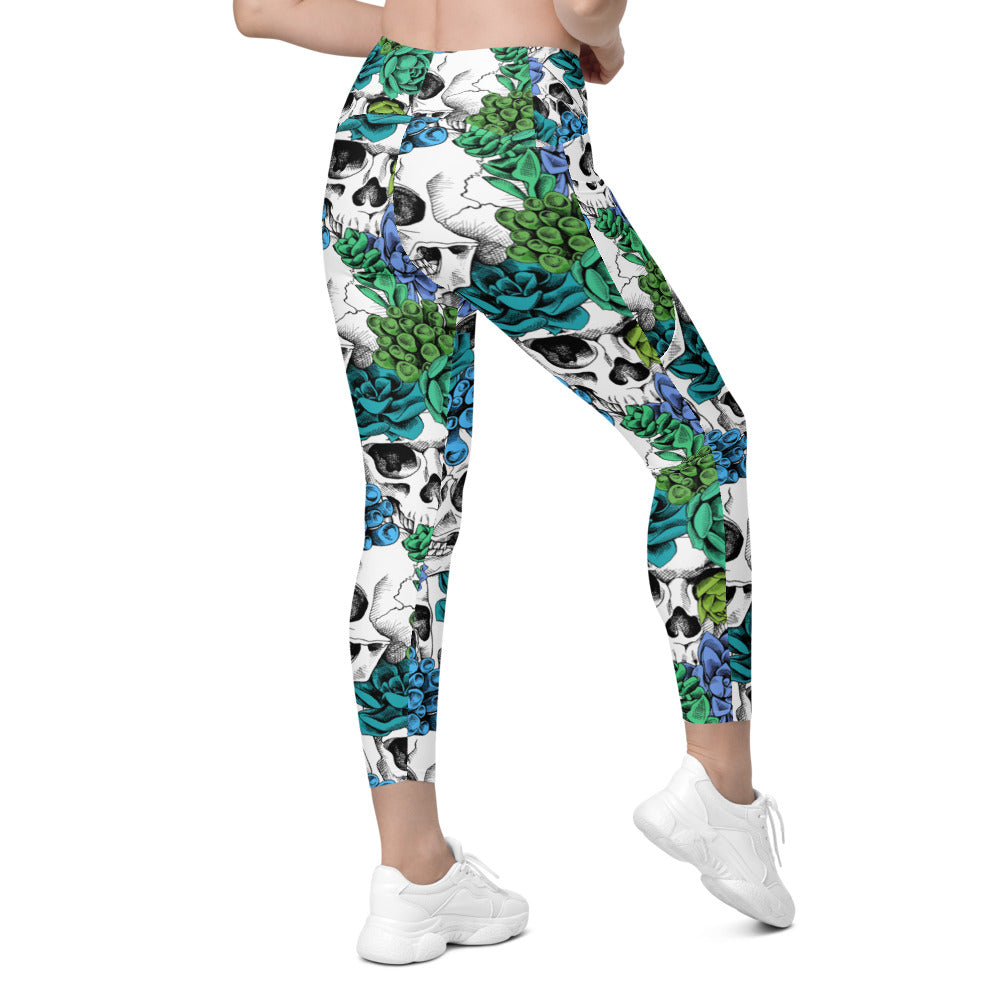 Womens Blue Floral Skulls Leggings with Pockets | Gearbunch.com 