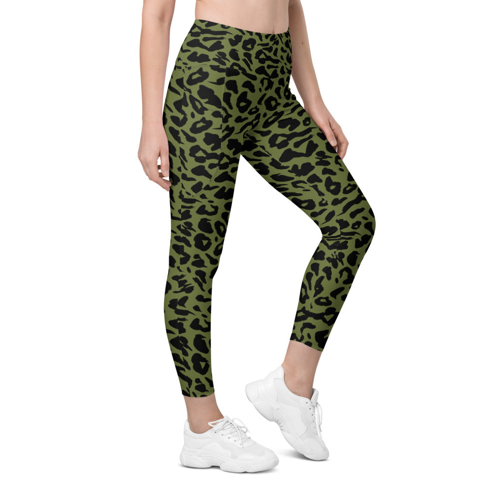 Womens Workout Yoga Olive Green Leopard Skin Leggings with Pockets