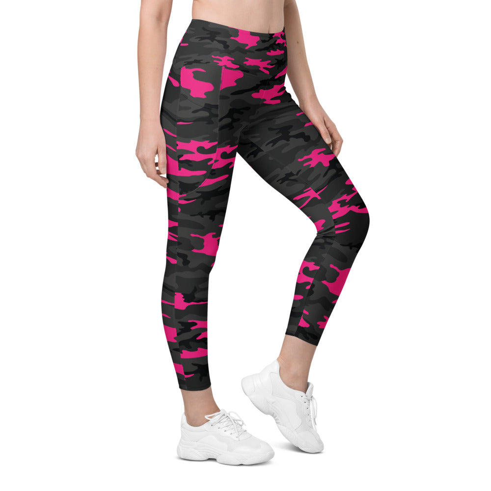 Womens Workout Yoga Dark Pink Camo Leggings with Pockets | Gearbunch