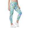 Womens Workout Yoga Blue and Green Paisley Leggings with Pockets 