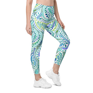 Womens Workout Yoga Blue and Green Paisley Leggings with Pockets 