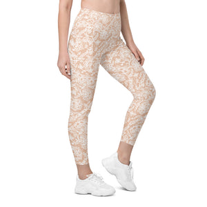 Womens Workout Yoga White Faux Lace Leggings with Pockets | Gearbunch