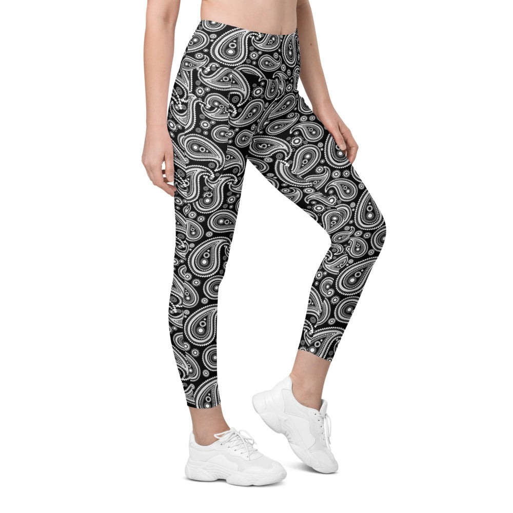 Womens Workout Black & White Paisley Leggings with Pockets | Gearbunch