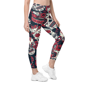 Womens Workout Yoga Pink Sugar Skull Leggings with Pockets | Gearbunch