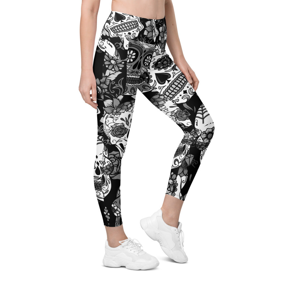 Womens Black & White Sugar Skull Leggings with Pockets | Gearbunch.com