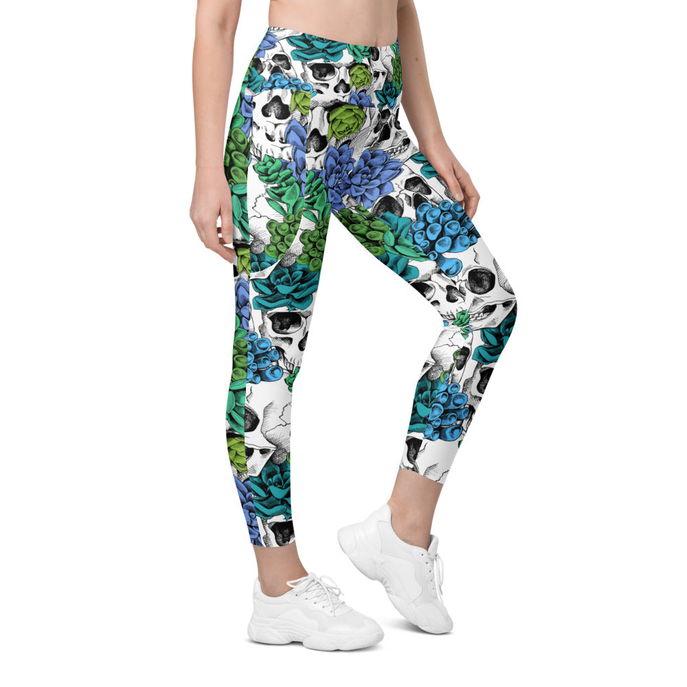 Womens Blue Floral Skulls Leggings with Pockets | Gearbunch.com 
