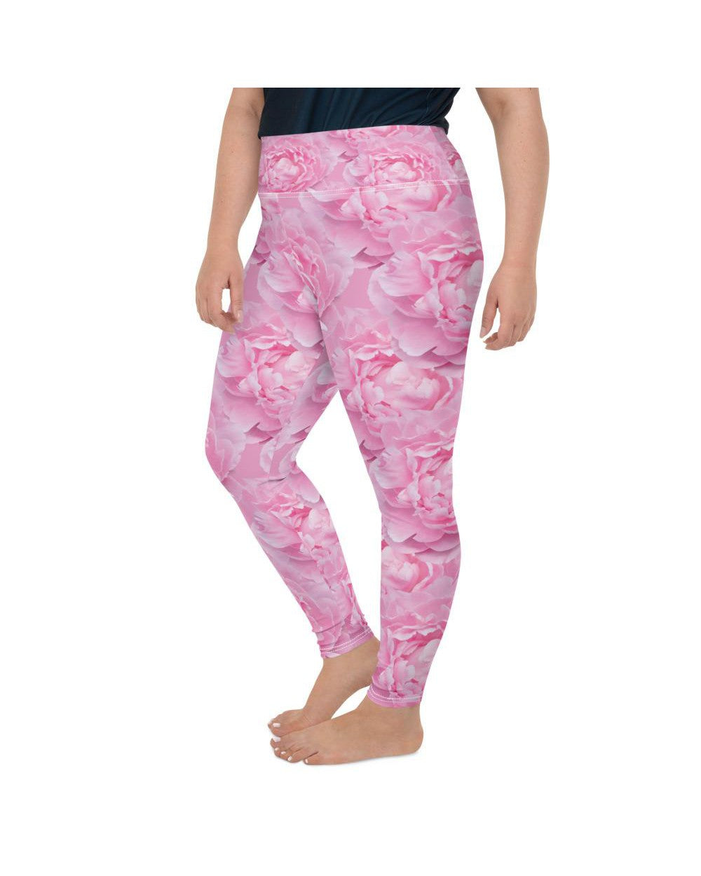 Womens Plus Size Peony Flower Leggings Pink/White | Gearbunch.com