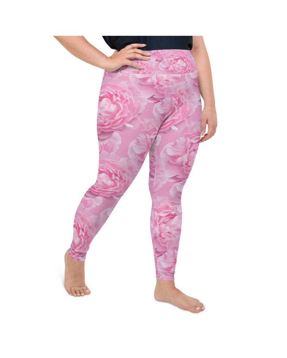 Womens Plus Size Peony Flower Leggings Pink/White | Gearbunch.com