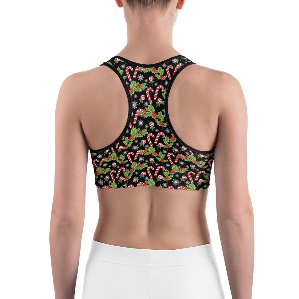 Womens Sports Bra Holly Leaves with Berries Black/Red | Gearbunch.com