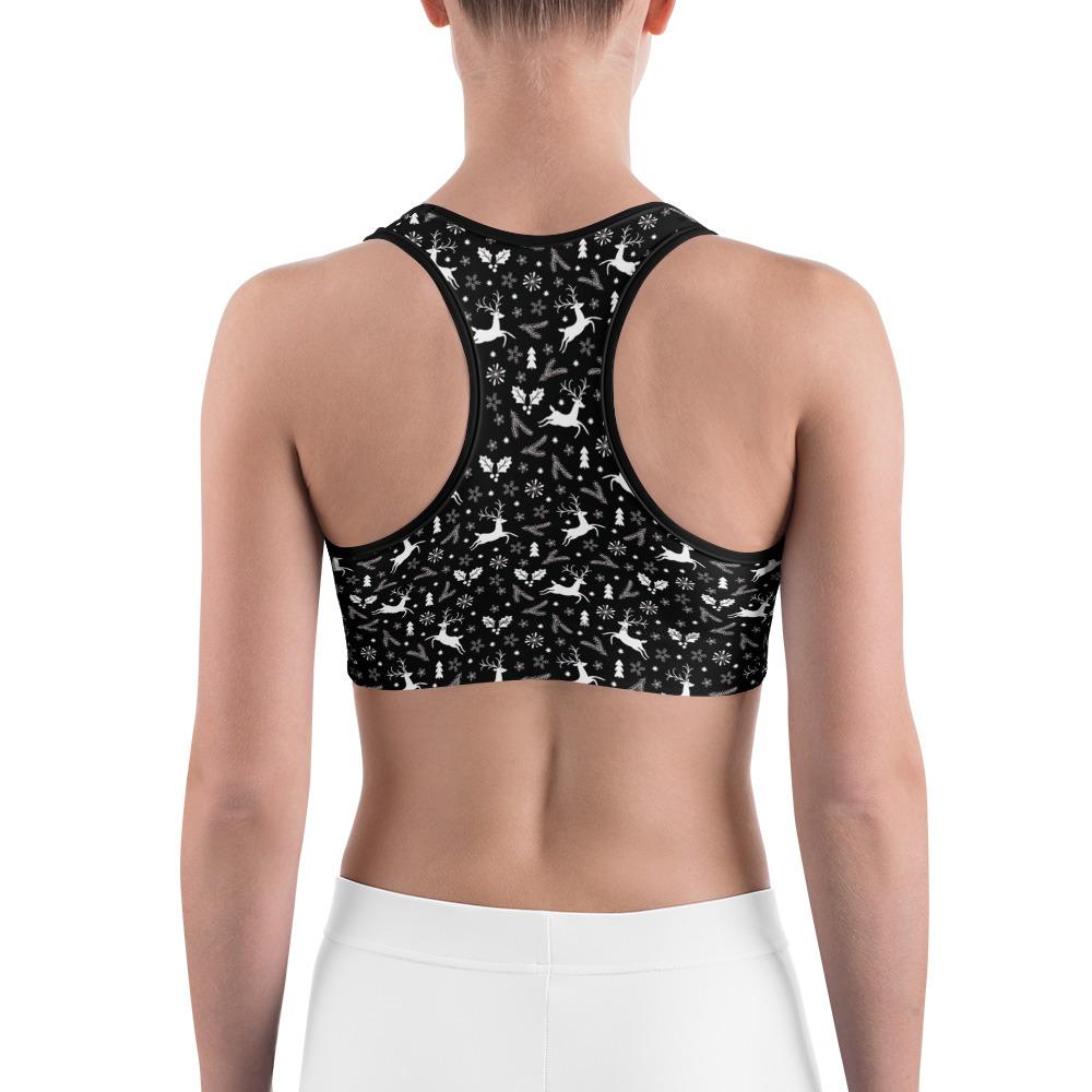 Womens Workout Black Reindeer Christmas Sports Bra | Gearbunch.com