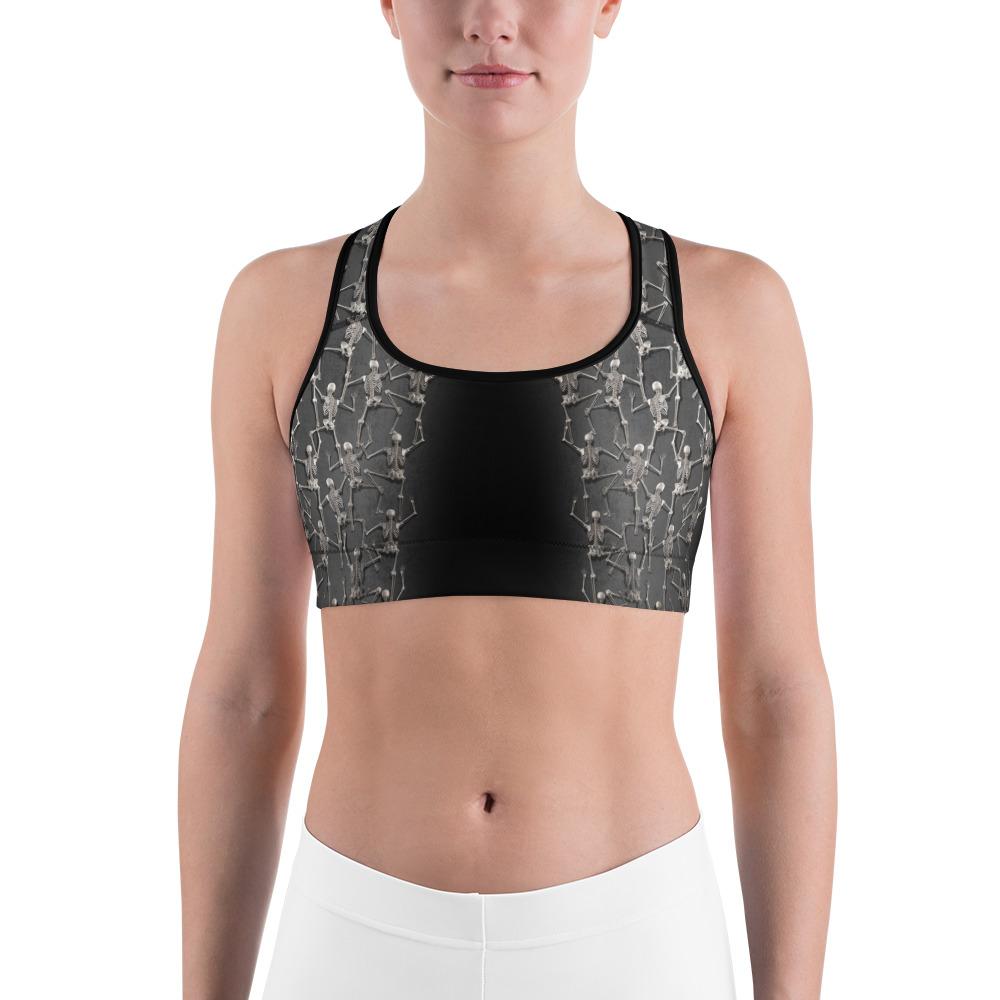 Womens Sports Bra Tiny Skeletons Creeping Up Grey/Black Gearbunch.com