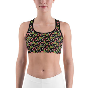 Womens Sports Bra Holly Leaves with Berries Black/Red | Gearbunch.com