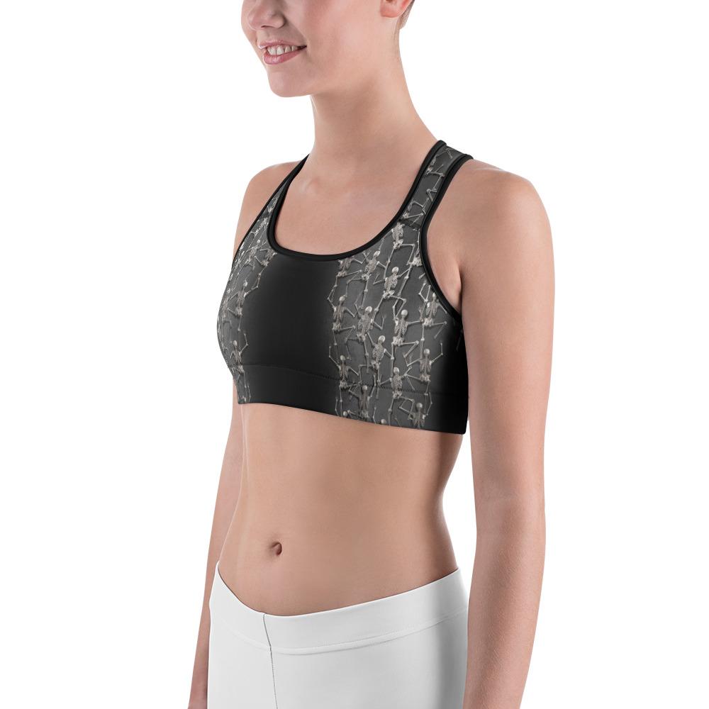 Womens Sports Bra Tiny Skeletons Creeping Up Grey/Black Gearbunch.com