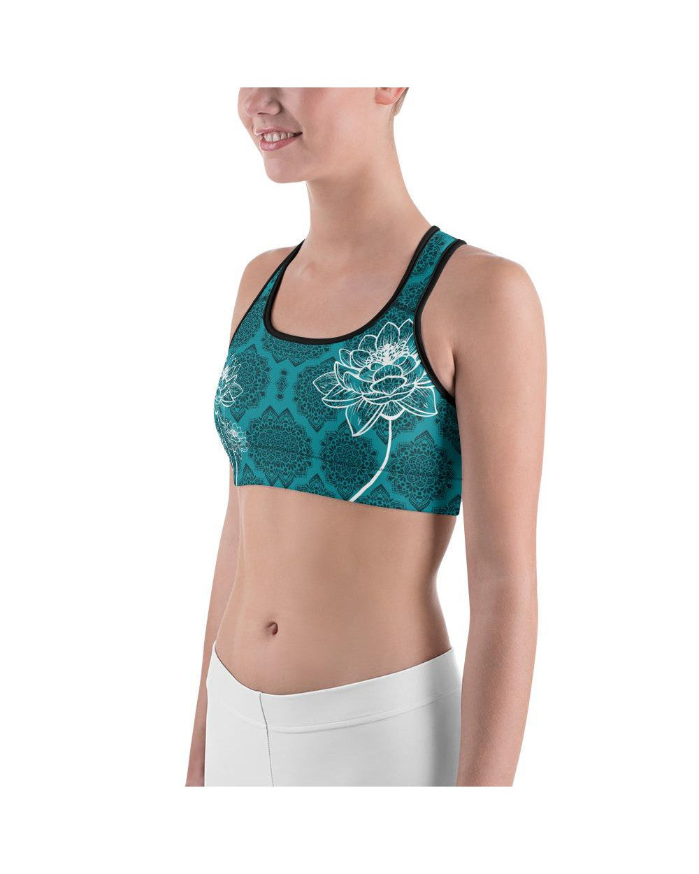 Womens Sports Bra Cyan Blue Lotus Blue/Black/White | Gearbunch.com