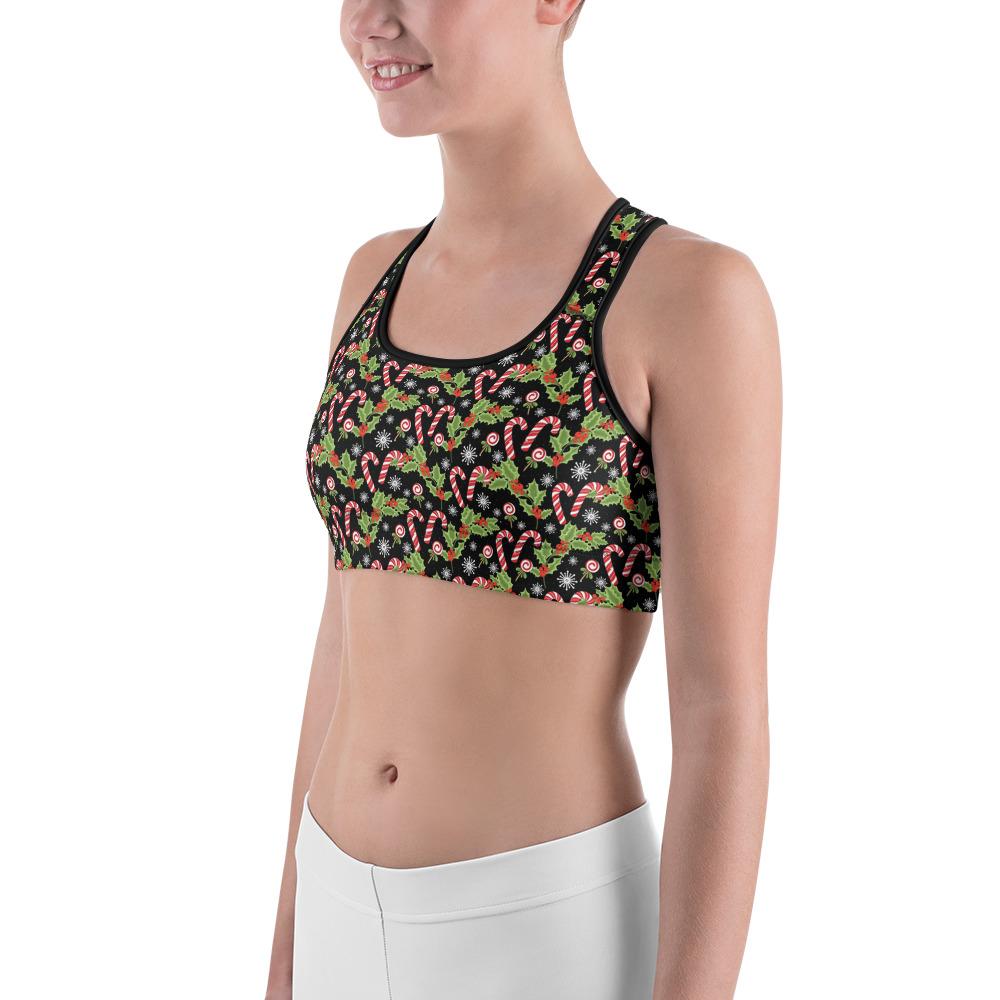 Womens Sports Bra Holly Leaves with Berries Black/Red | Gearbunch.com