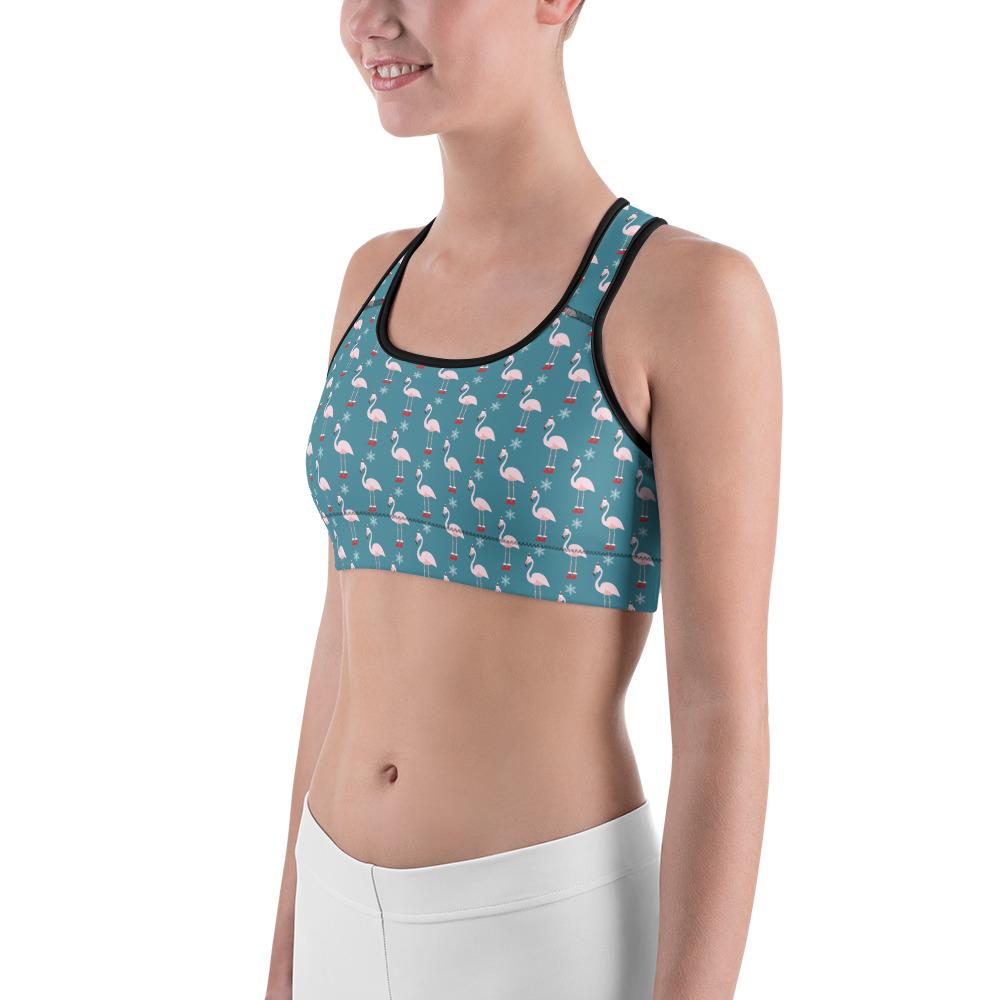 Sports Bra Christmas Flamingo Patterned Teal/Red/White | Gearbunch.com