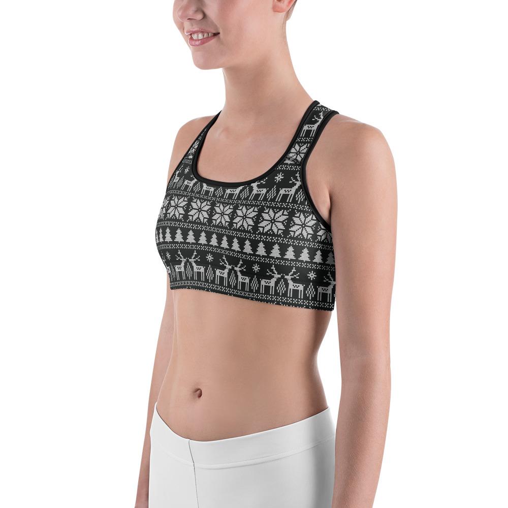 Womens Sports Bra B&W Ugly Christmas Black/White | Gearbunch.com