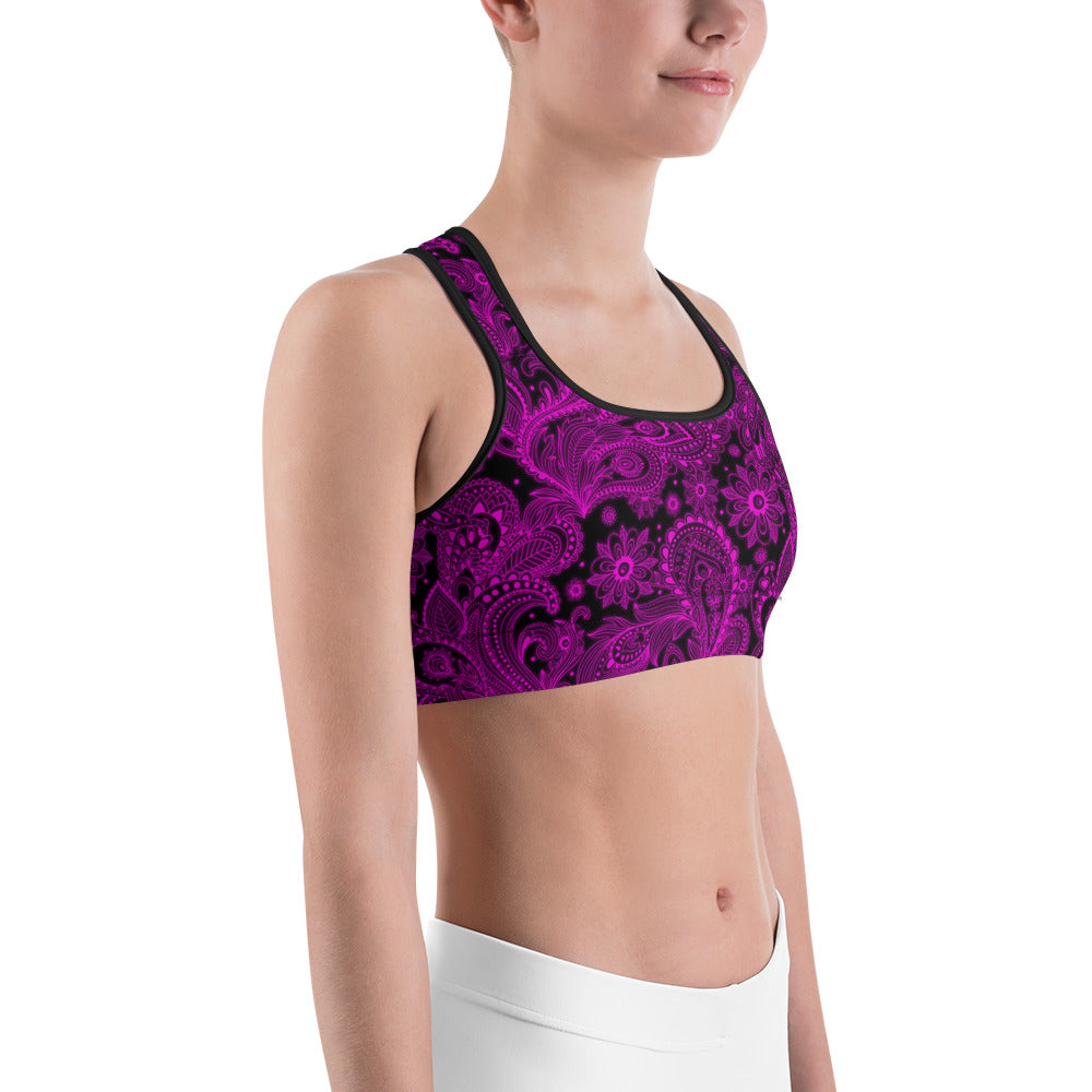 Womens Pink Glowing Floral Sports Bra BLack/Pink | Gearbunch.com