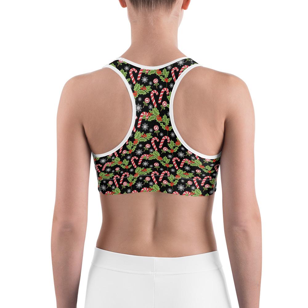 Womens Sports Bra Holly Leaves with Berries Black/Red | Gearbunch.com