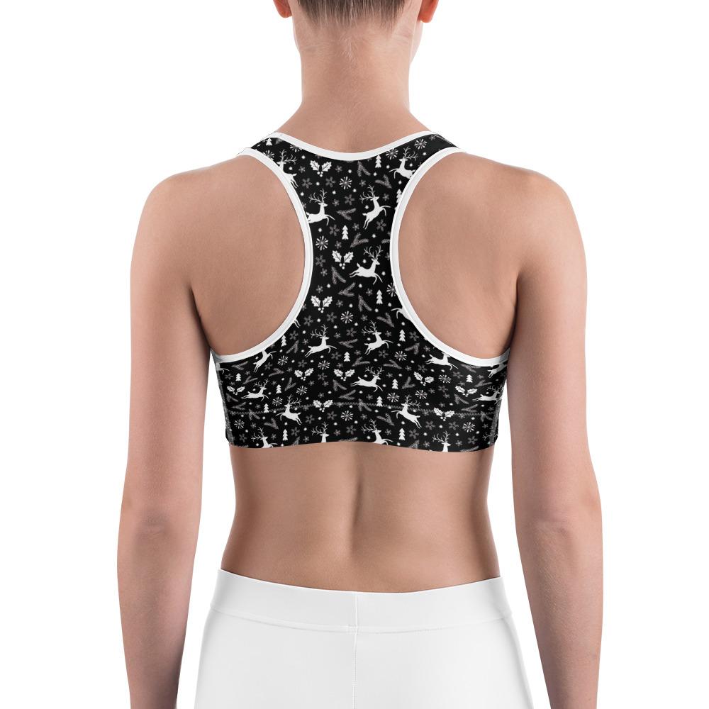 Womens Workout Black Reindeer Christmas Sports Bra | Gearbunch.com