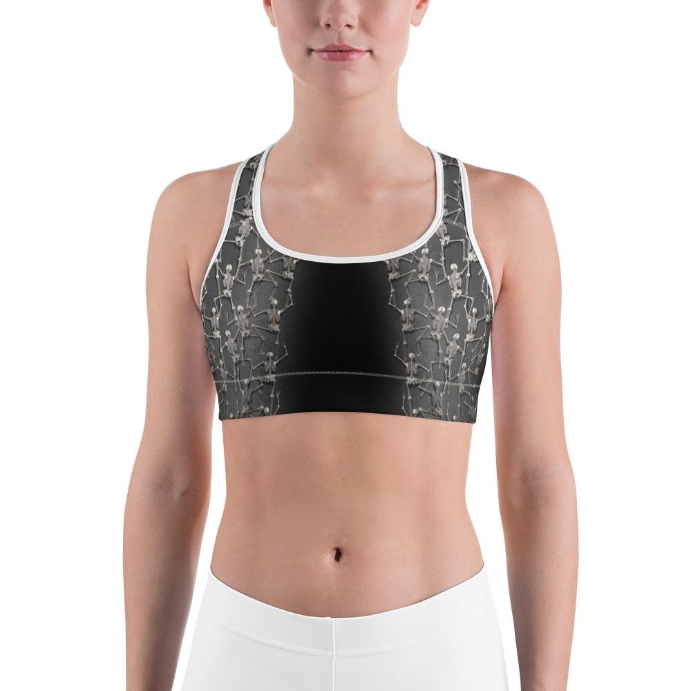 Womens Sports Bra Tiny Skeletons Creeping Up Grey/Black Gearbunch.com