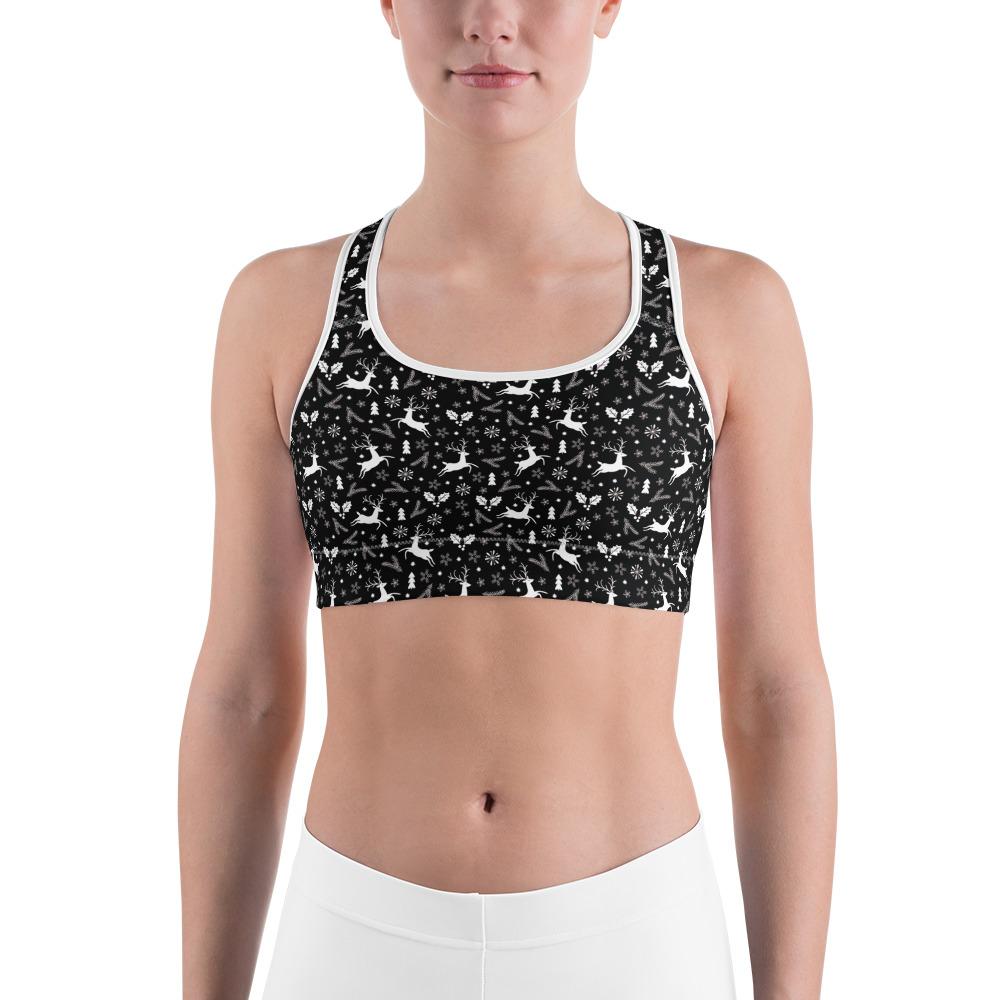 Womens Workout Black Reindeer Christmas Sports Bra | Gearbunch.com