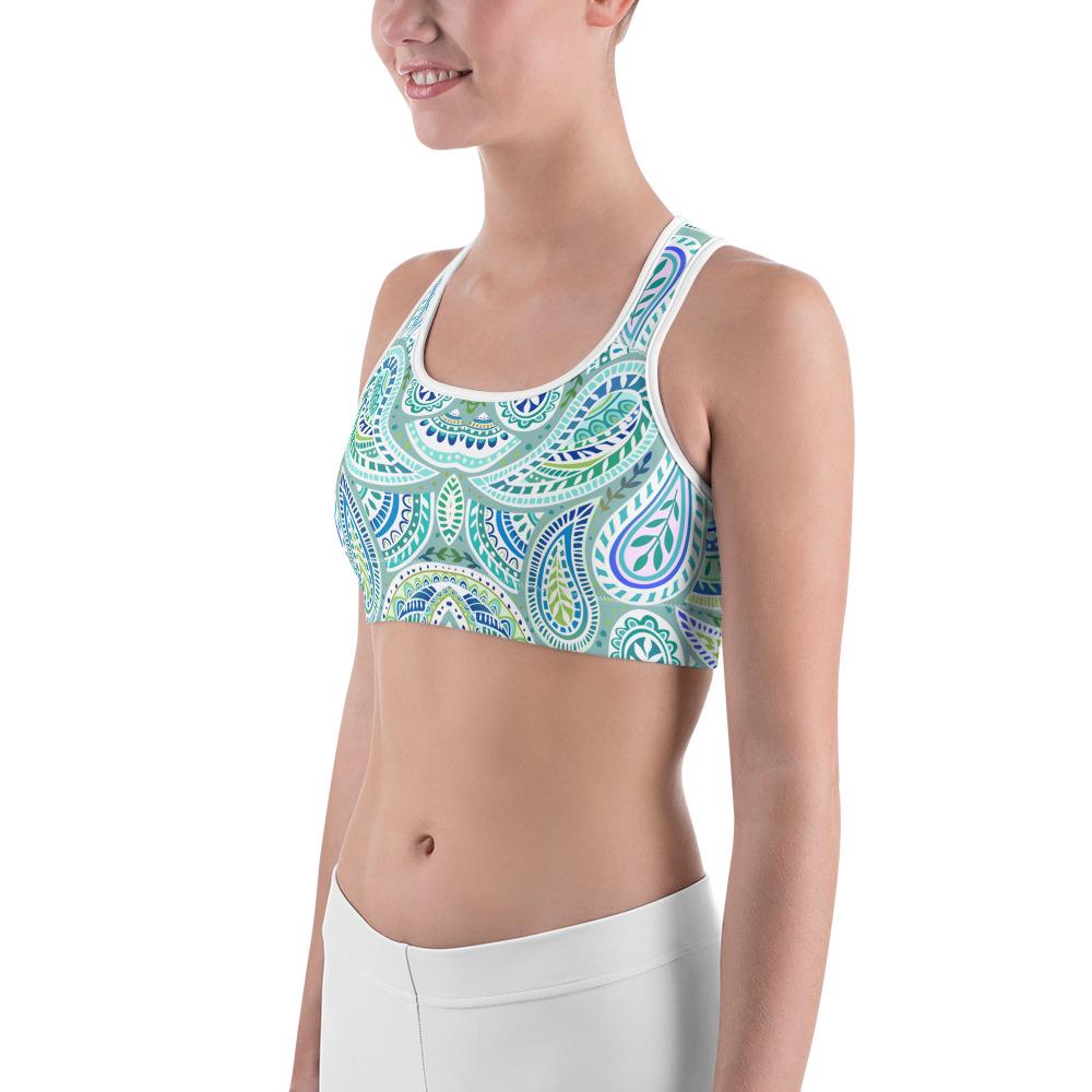 Blue and Green Paisley Sports Bra Gearbunch