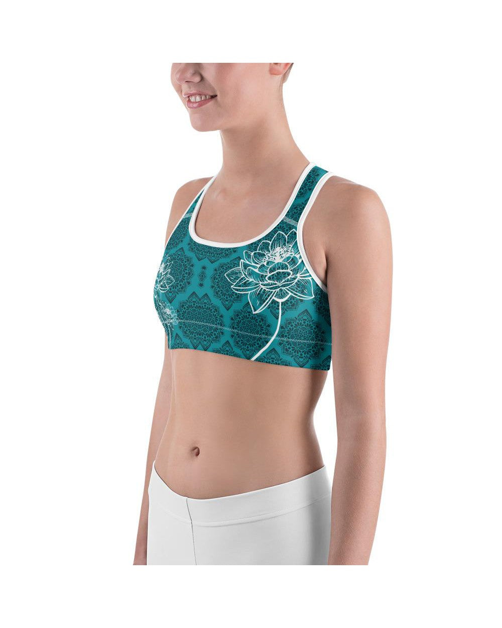 Womens Sports Bra Cyan Blue Lotus Blue/Black/White | Gearbunch.com