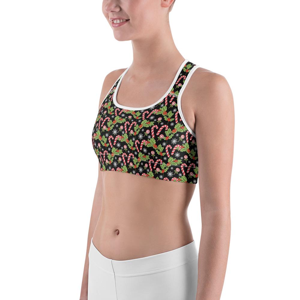 Womens Sports Bra Holly Leaves with Berries Black/Red | Gearbunch.com