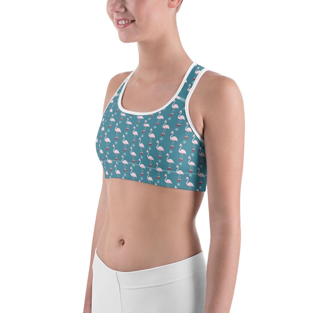 Sports Bra Christmas Flamingo Patterned Teal/Red/White | Gearbunch.com