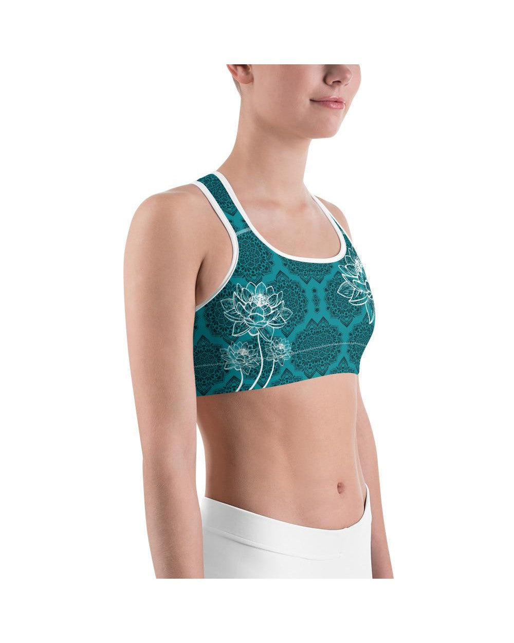 Womens Sports Bra Cyan Blue Lotus Blue/Black/White | Gearbunch.com