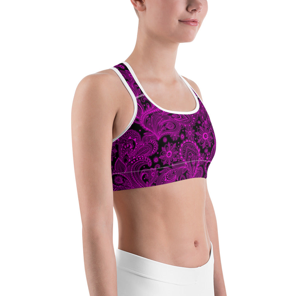 Womens Pink Glowing Floral Sports Bra BLack/Pink | Gearbunch.com