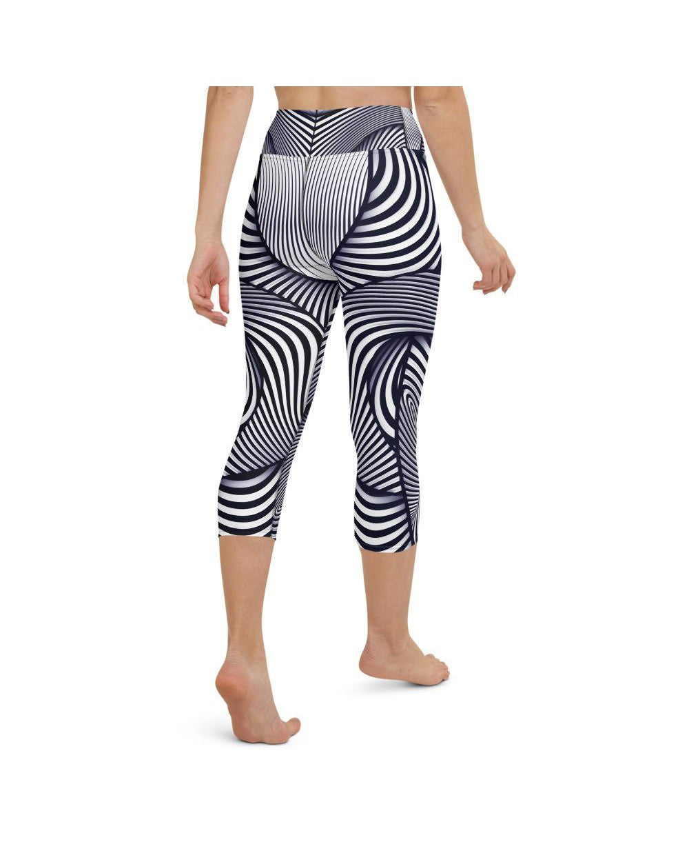 Yoga Capris - Womens Yoga Capris Optical Illusion Stripe Blue/White/Navy | Gearbunch.com