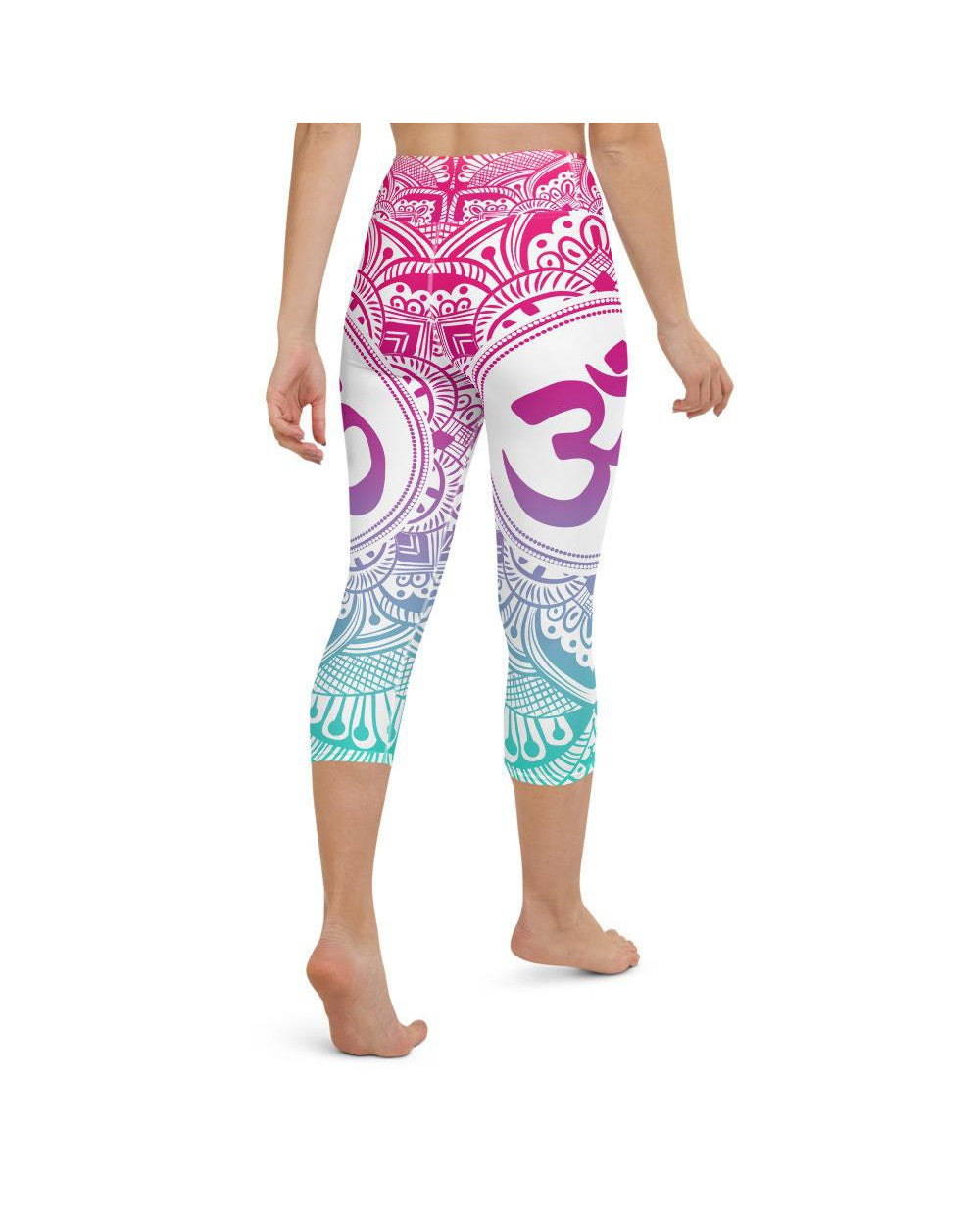 Yoga Capris - Womens Yoga Capris Bright OM White/Pink/Blue | Gearbunch.com