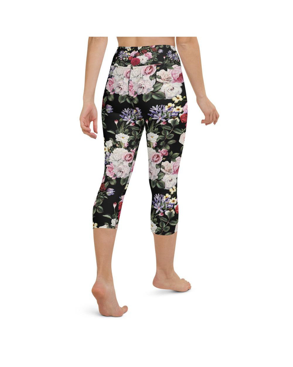 Womens Yoga Capris Colorful Roses Black/Pink/White | Gearbunch.com