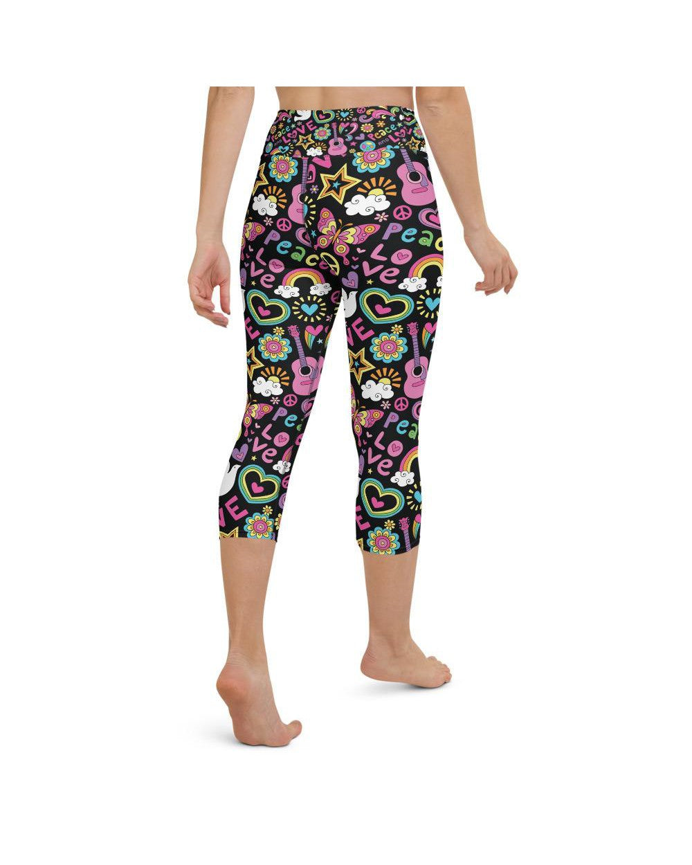 Womens Yoga Capris Peace and Love Black/Pink/Yellow | Gearbunch.com