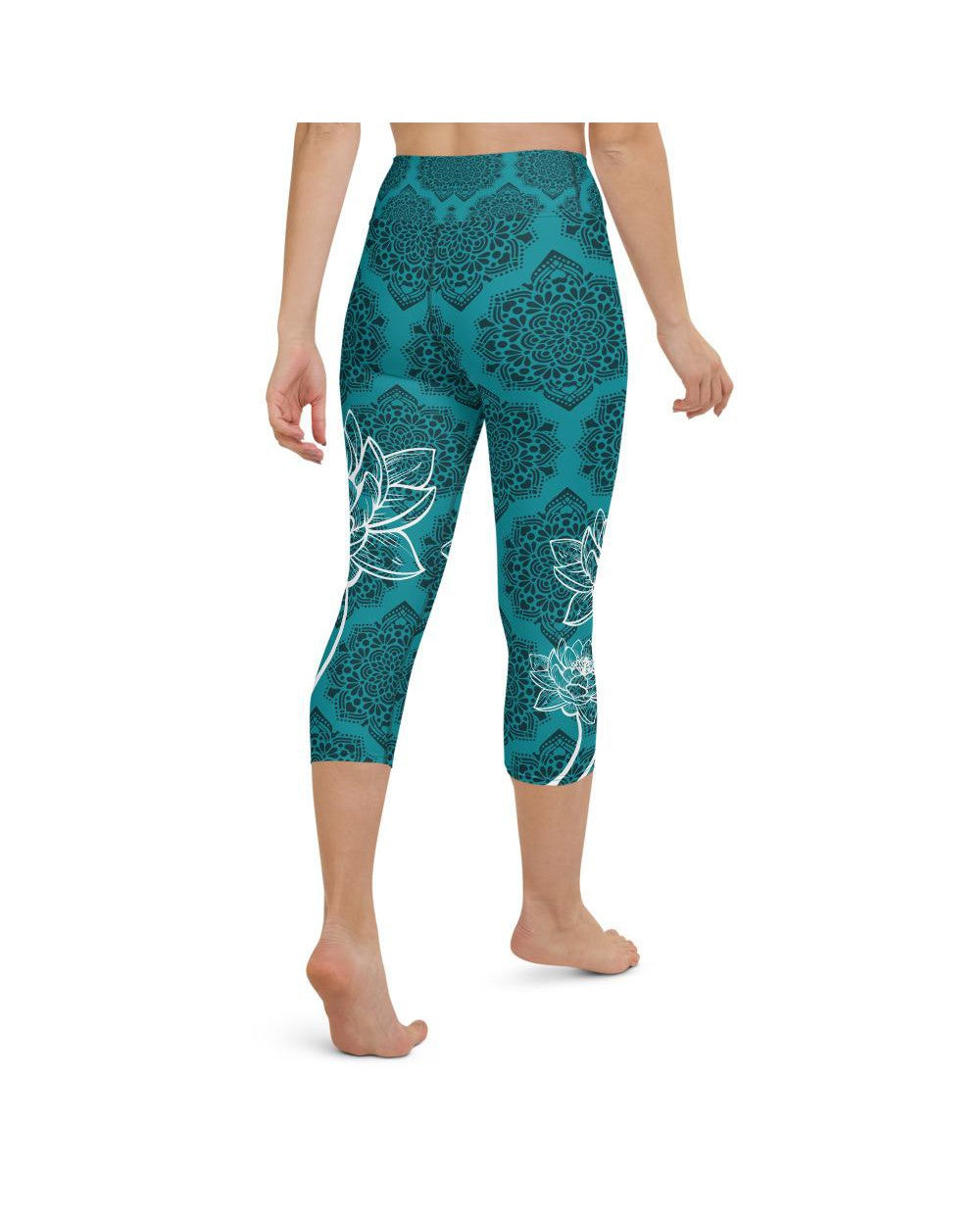 Womens Yoga Capris Cyan Blue Lotus Blue/Black/White | Gearbunch.com