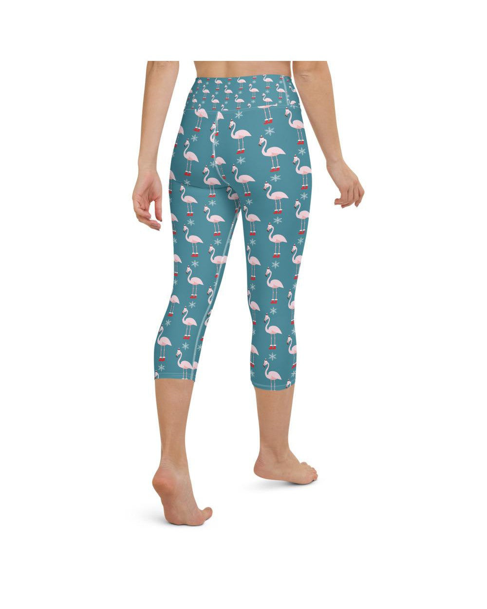 Womens Yoga Capris Christmas Flamingo Patterned Teal | Gearbunch.com