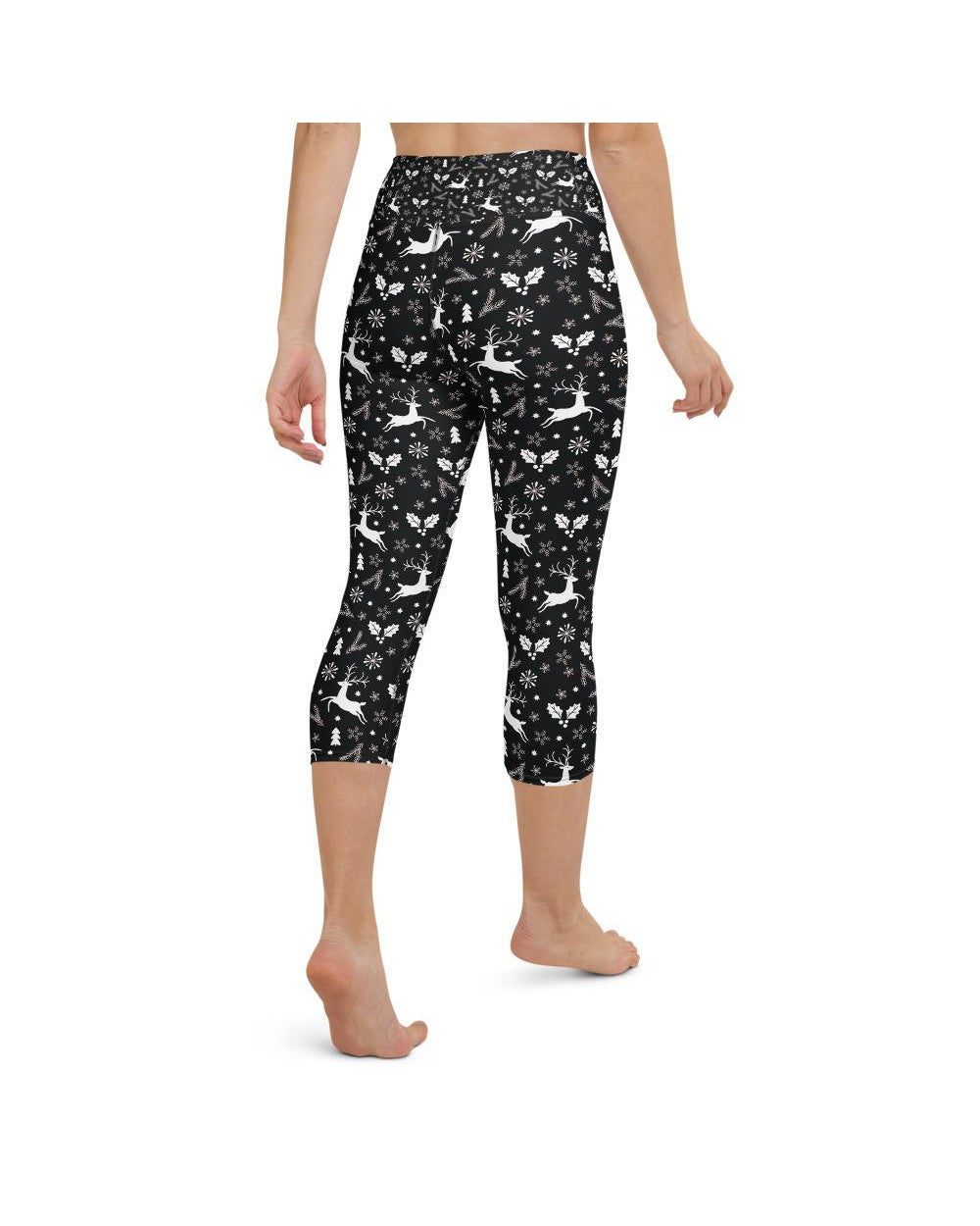 Womens Yoga Capris Black Reindeer Christmas White/Grey | Gearbunch.com