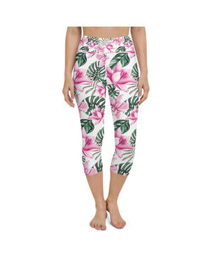 Tropical Floral White Yoga Capris Gearbunch