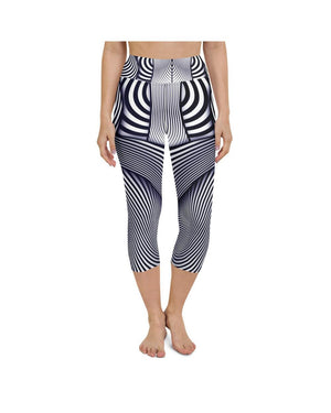 Yoga Capris - Womens Yoga Capris Optical Illusion Stripe Blue/White/Navy | Gearbunch.com