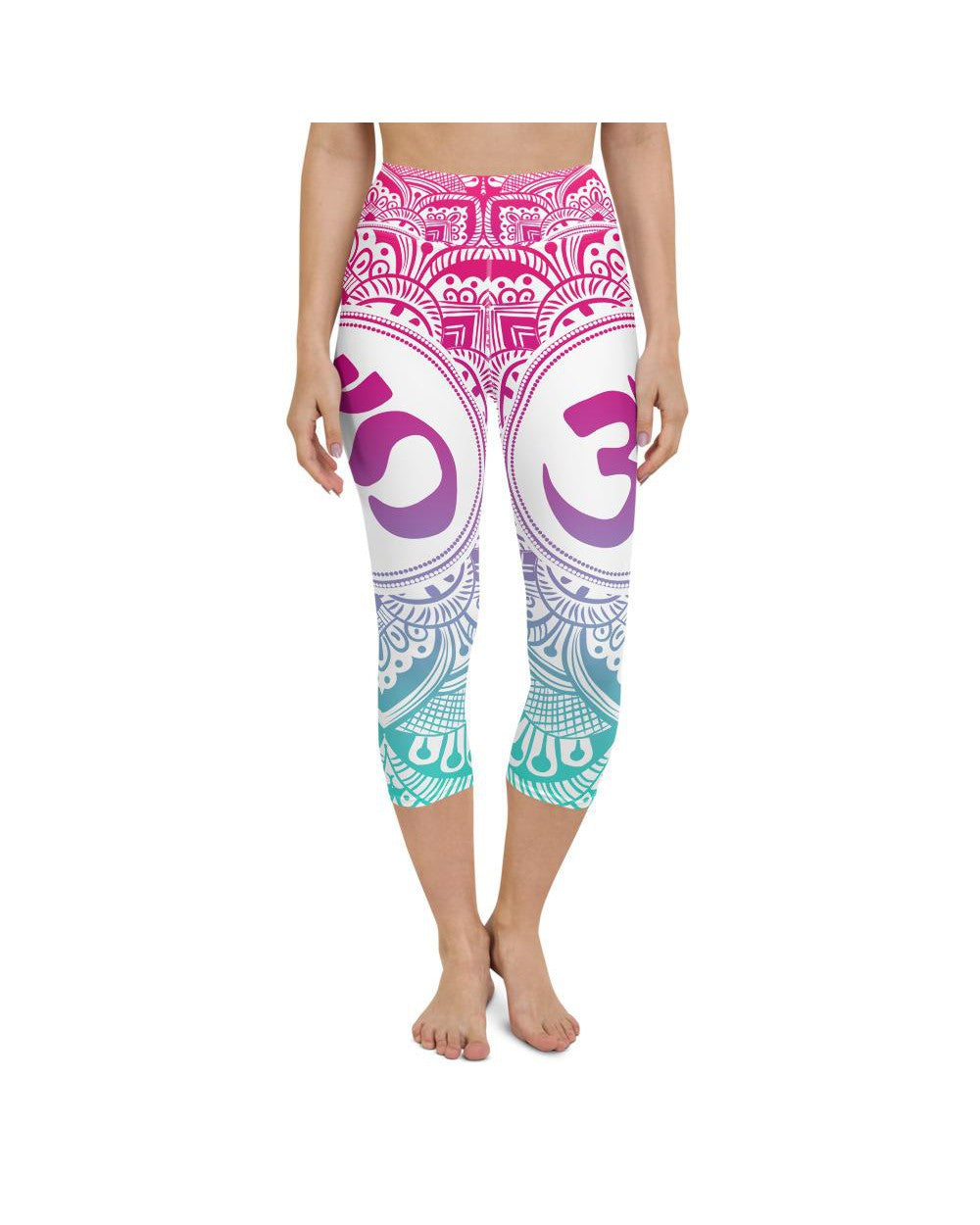 Yoga Capris - Womens Yoga Capris Bright OM White/Pink/Blue | Gearbunch.com