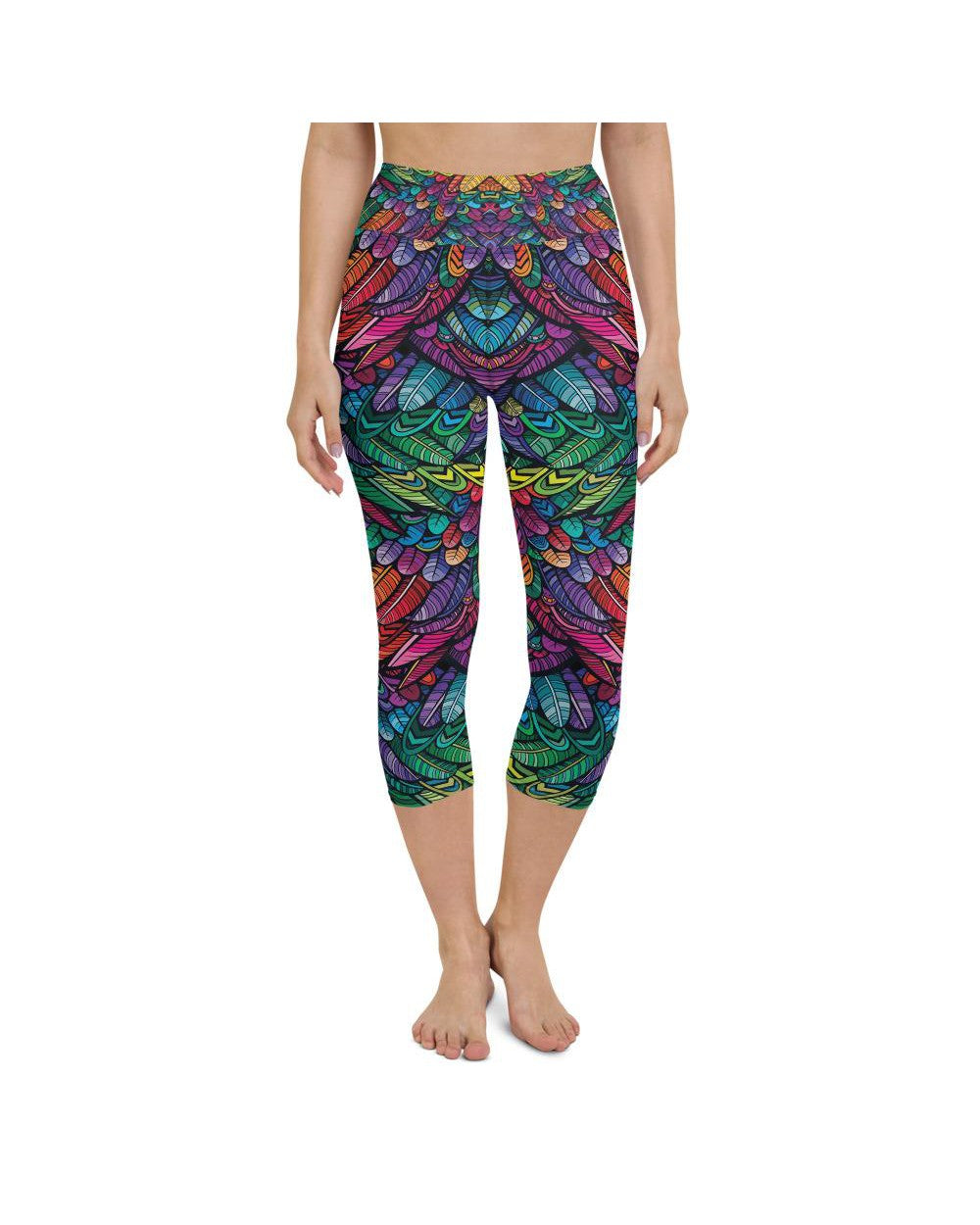 Womens Yoga Capris Colorful Feathers Green/Purple/Blue | Gearbunch.com