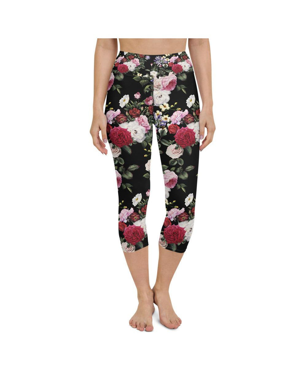 Womens Yoga Capris Colorful Roses Black/Pink/White | Gearbunch.com