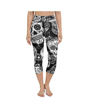 Womens Yoga Capris Black & White Sugar Skull | Gearbunch.com