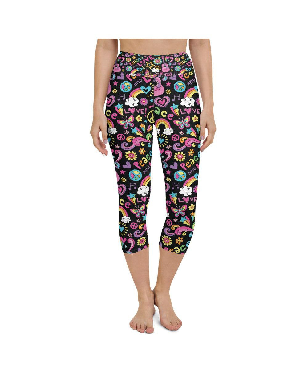 Womens Yoga Capris Peace and Love Black/Pink/Yellow | Gearbunch.com