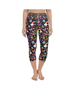 Womens Yoga Capris Peace and Love Black/Pink/Yellow | Gearbunch.com