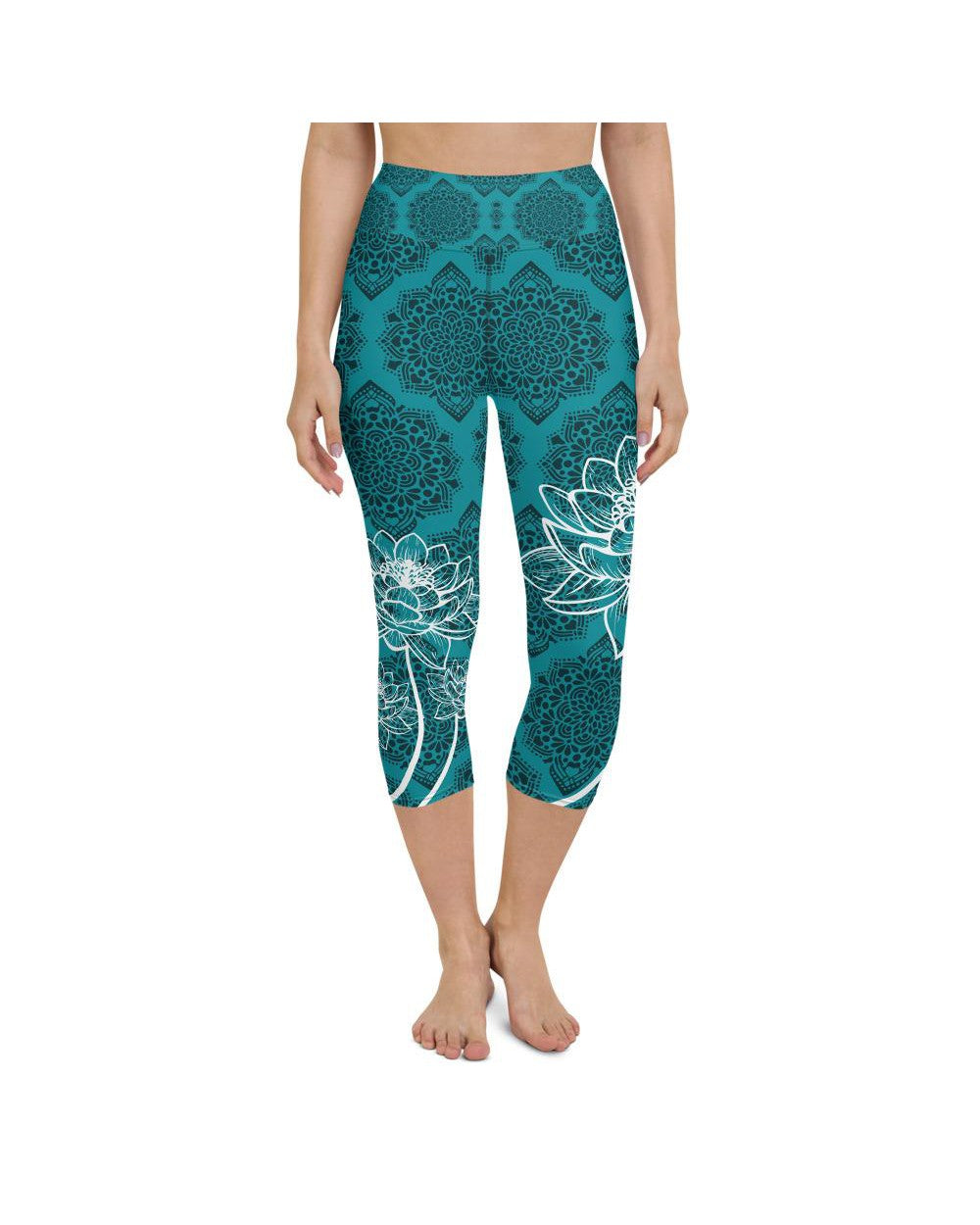 Womens Yoga Capris Cyan Blue Lotus Blue/Black/White | Gearbunch.com